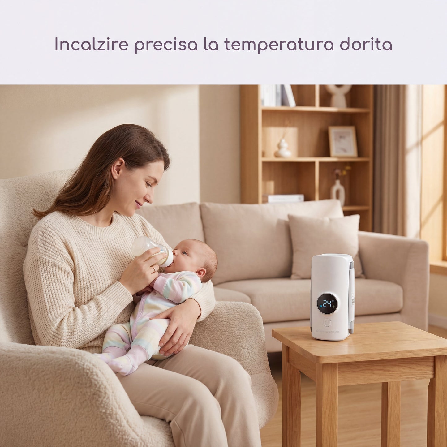 Femeie caucaziană hrănește bebelușul într-un fotoliu, încălzitorul portabil pe masă. Text 'Incalzire precisa la temperatura dorita'.