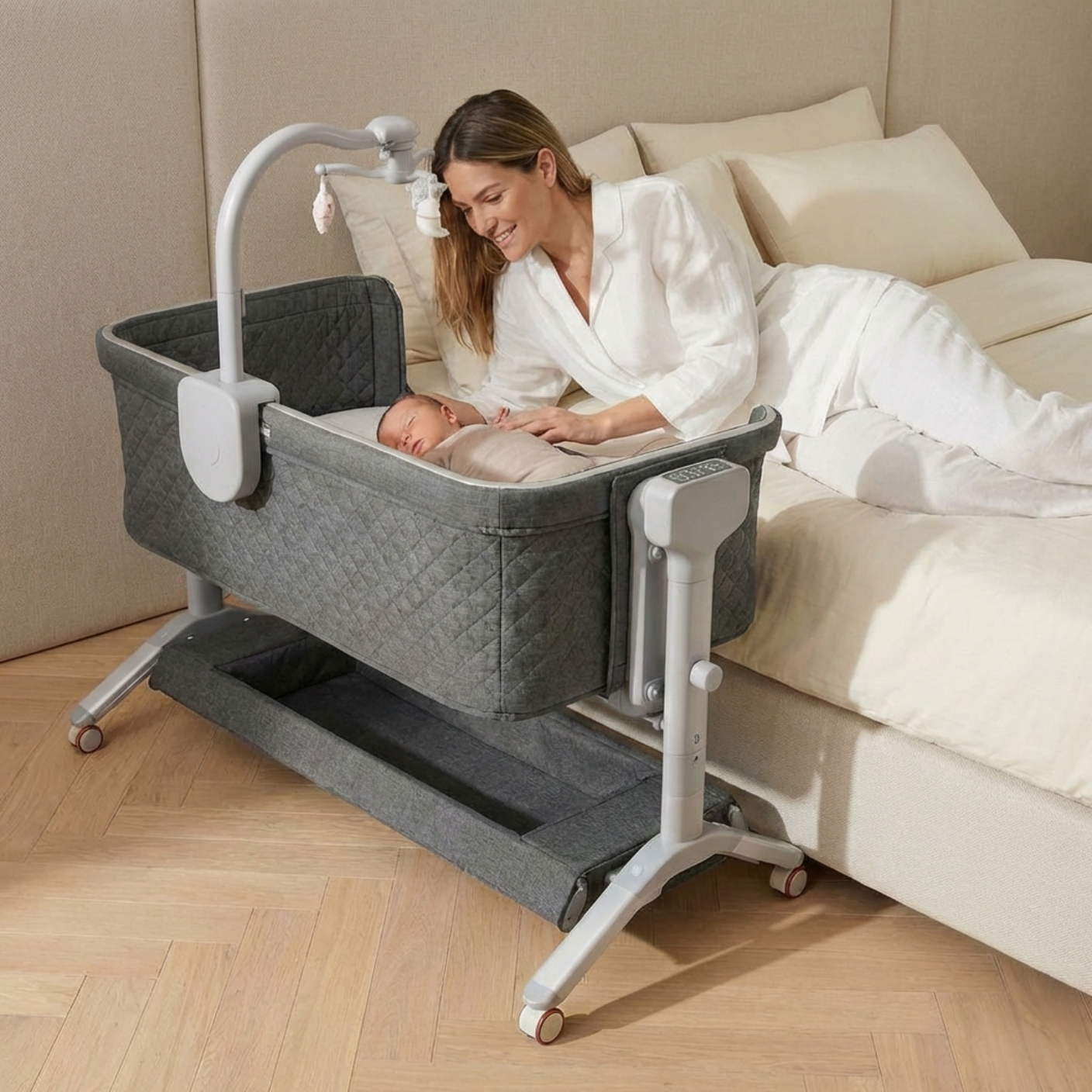 PrietenBebe - Patut Co-Sleeper Reglabil cu Functie de Leagan Electric și Carusel Muzical 3-în-1