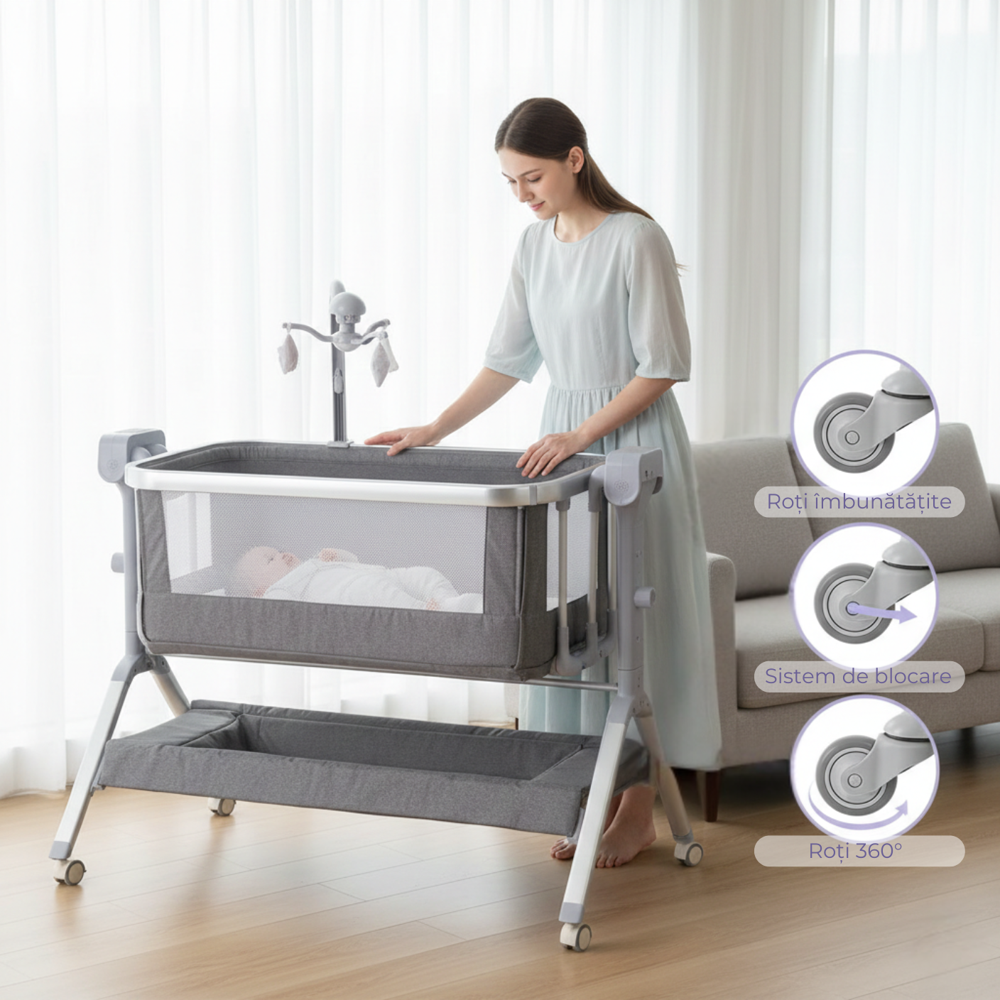 PrietenBebe - Patut Co-Sleeper Reglabil cu Functie de Leagan Electric și Carusel Muzical 3-în-1