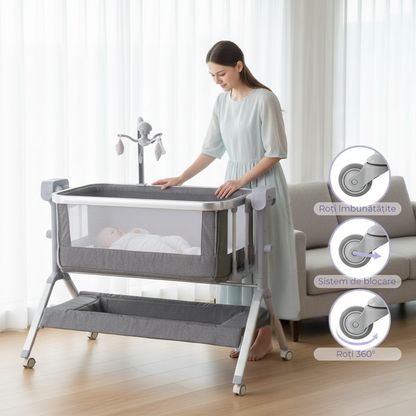 PrietenBebe - Patut Co-Sleeper Reglabil cu Functie de Leagan Electric și Carusel Muzical 3-în-1