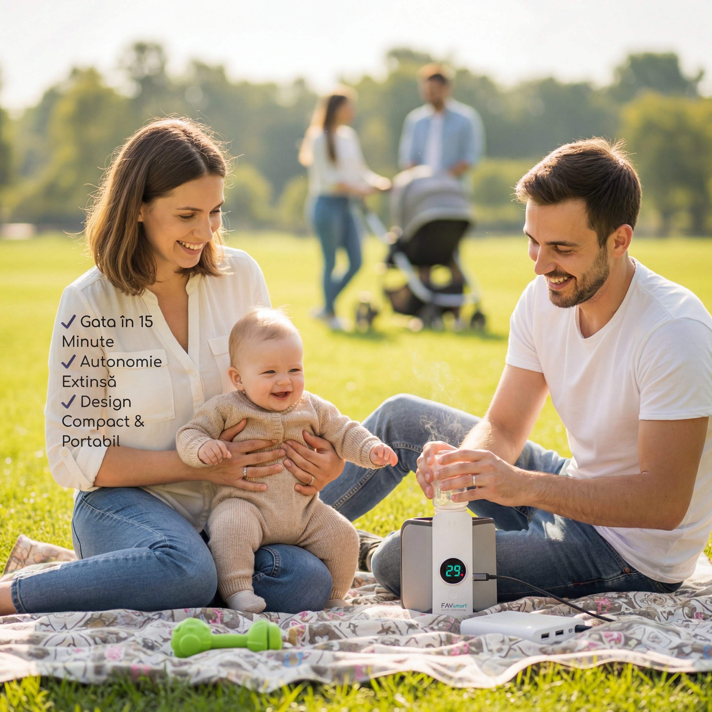 AI-generated product image: Create a lifestyle photograph of a portable bottle warmer being used during an o