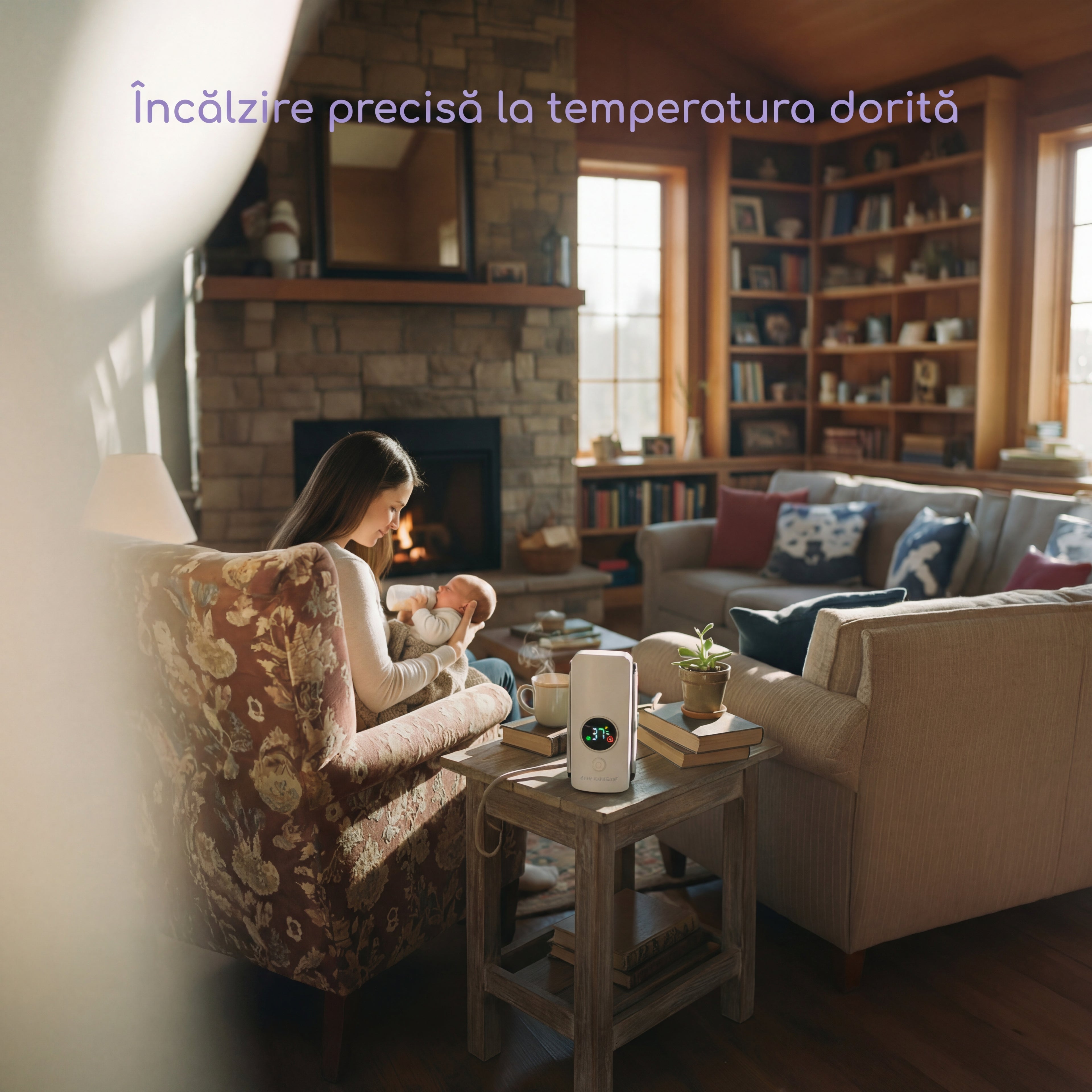 AI-generated product image: Create a warm, inviting lifestyle photograph of a portable bottle warmer being u