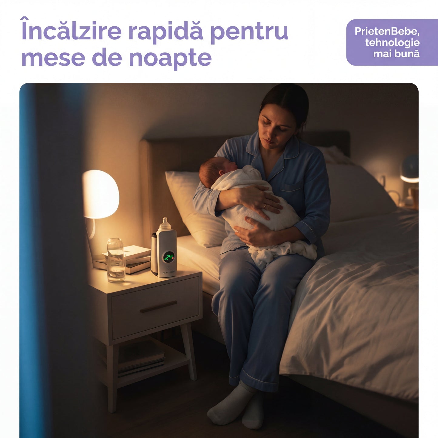 Femeie caucaziană cu bebeluș noaptea, încălzitorul portabil pe noptieră. Text 'Încălzire rapidă pentru mese de noapte', 'PrietenBebe, tehnologie mai bună'.