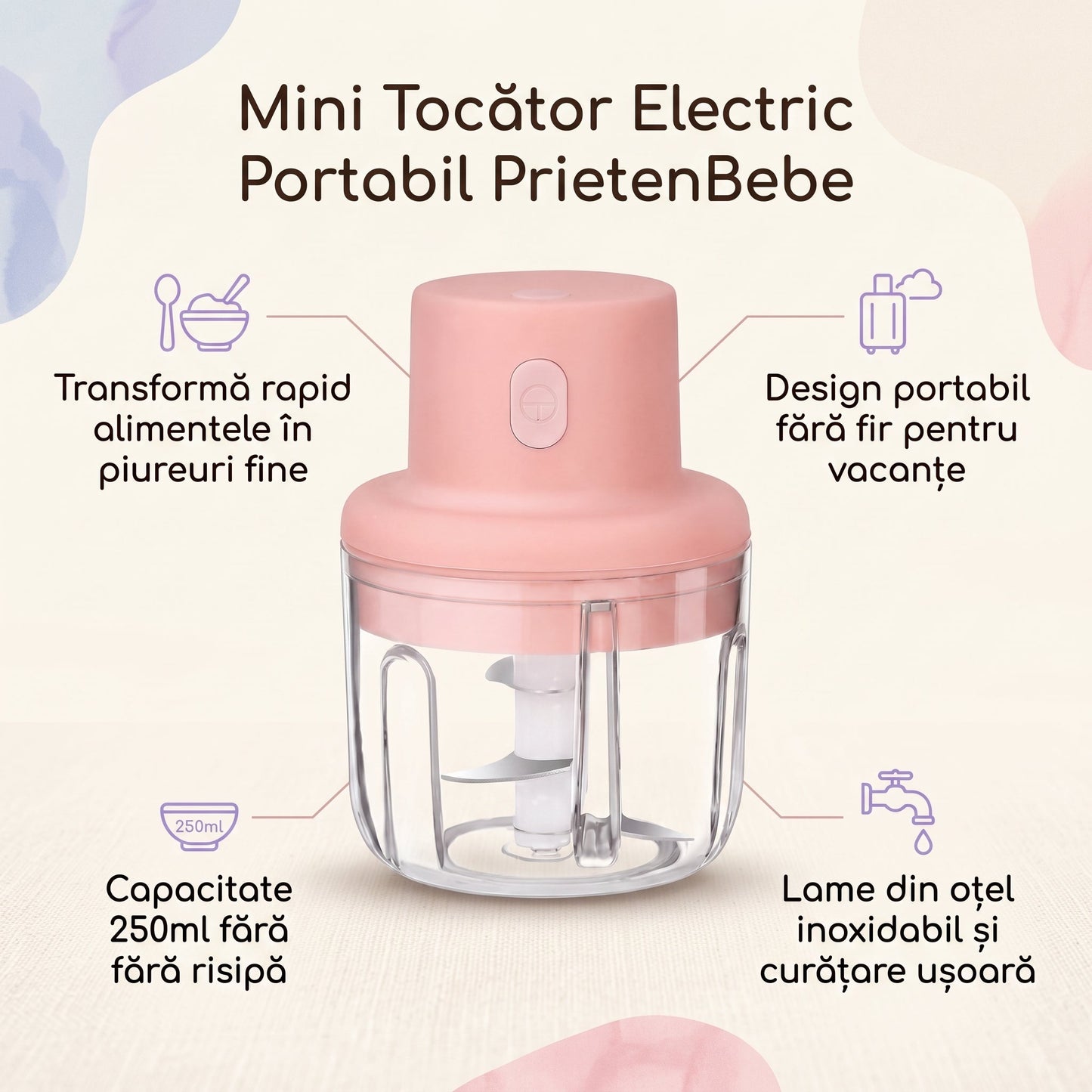 Mini Blender Electric Portabil pentru Mesele Bebelușului, 250 ml - 2