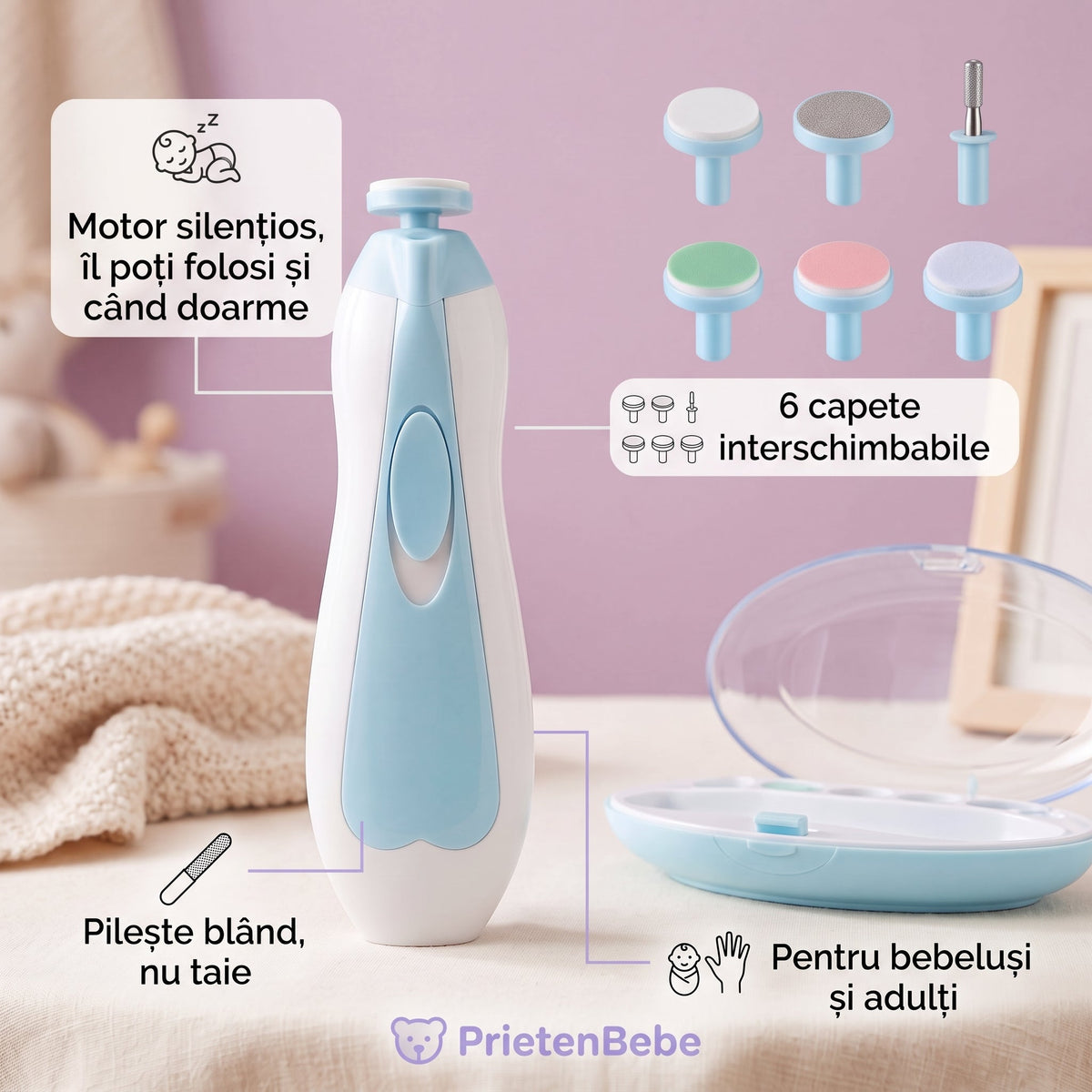 Trimmer electric 6 în 1 PrietenBebe cu motor silențios și 6 capete interschimbabile