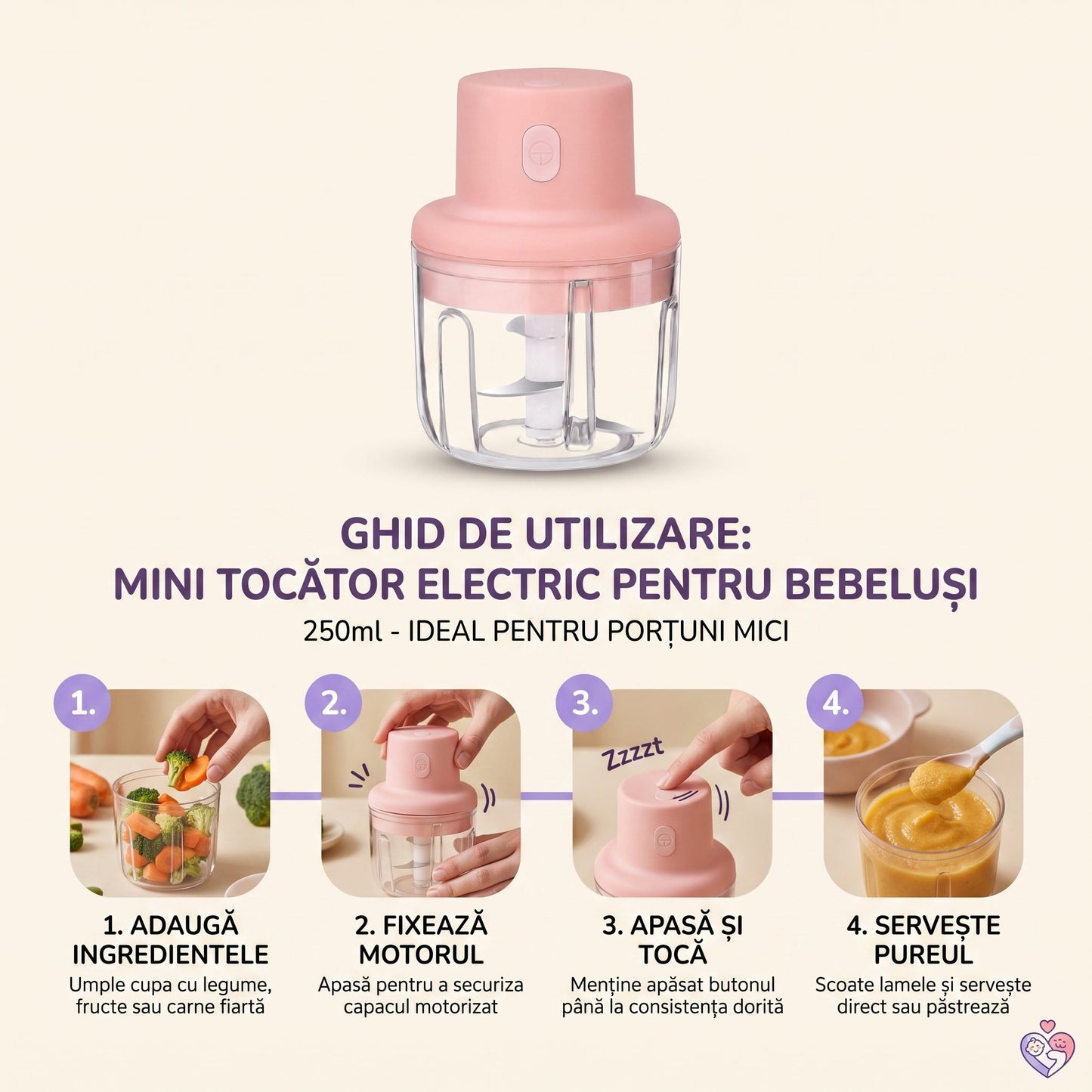 Mini Blender Electric Portabil pentru Mesele Bebelușului, 250 ml - 3