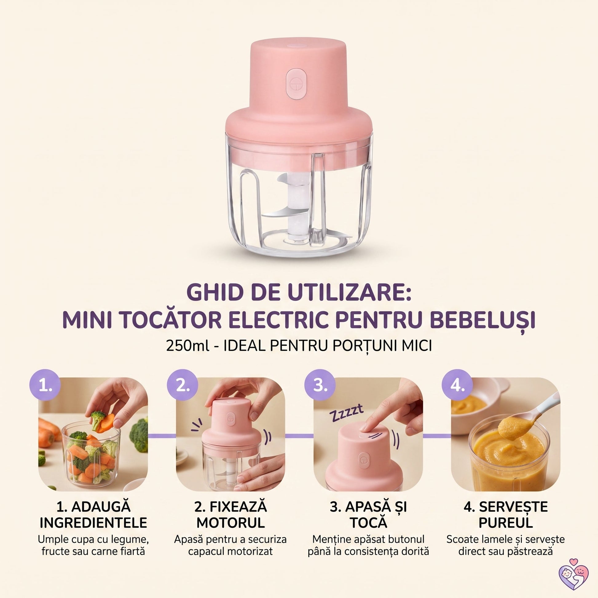 Mini Blender Electric Portabil pentru Mesele Bebelușului, 250 ml - 3
