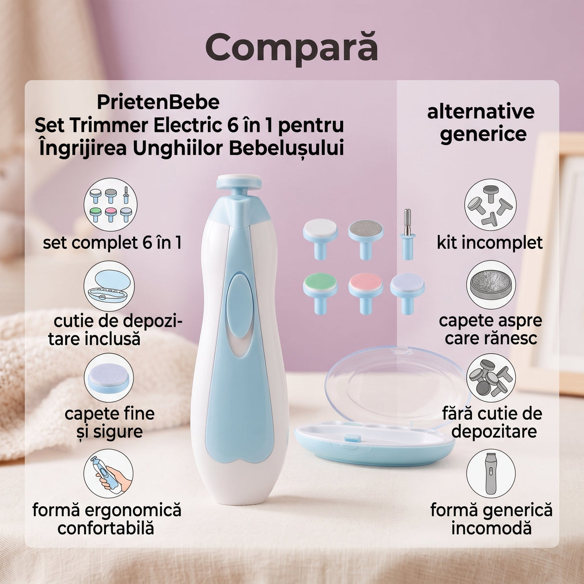 Comparație între setul trimmer 6 în 1 PrietenBebe și alternativele generice