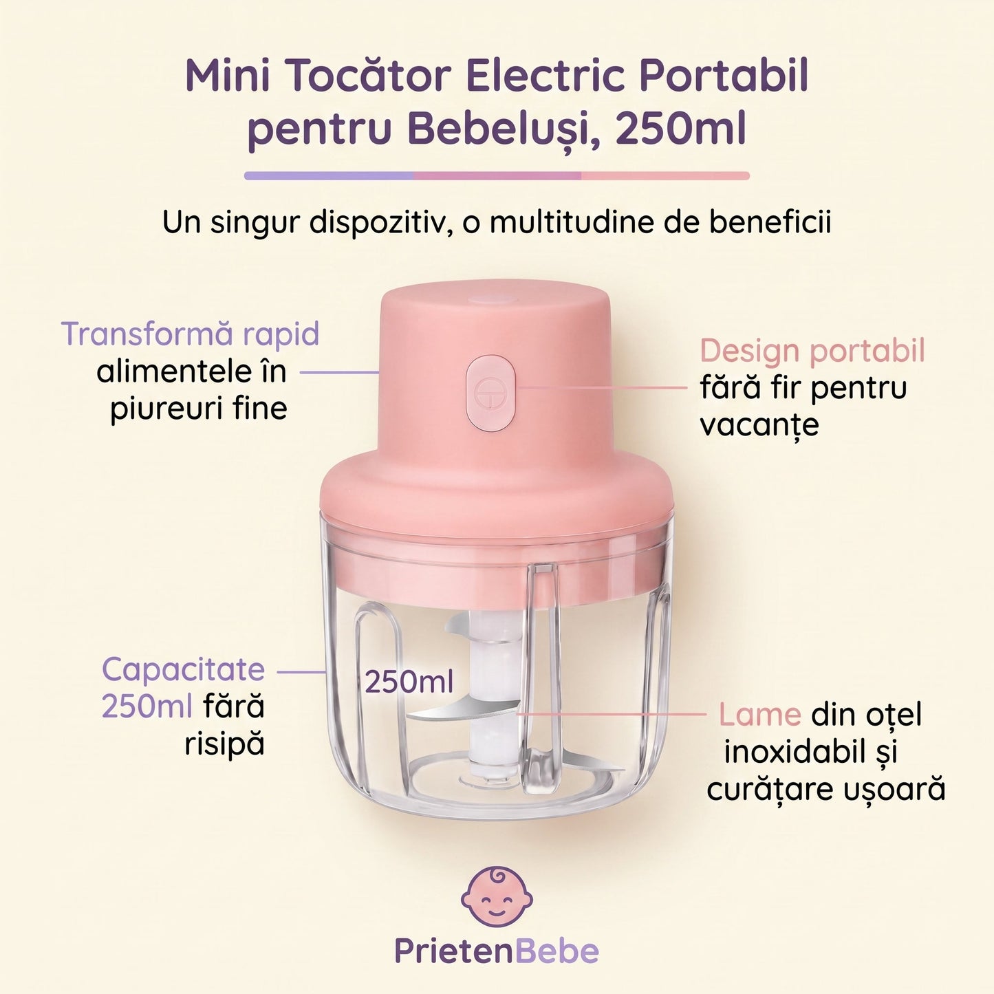 Mini Blender Electric Portabil pentru Mesele Bebelușului, 250 ml - 5