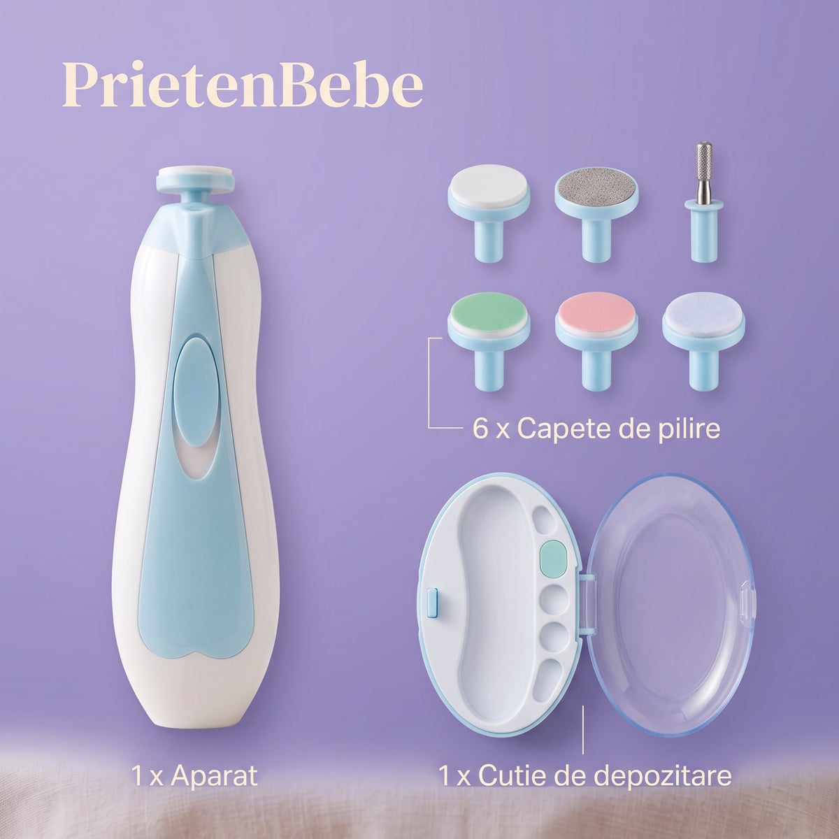 Pachetul conține aparatul, 6 capete de pilire și cutia de depozitare