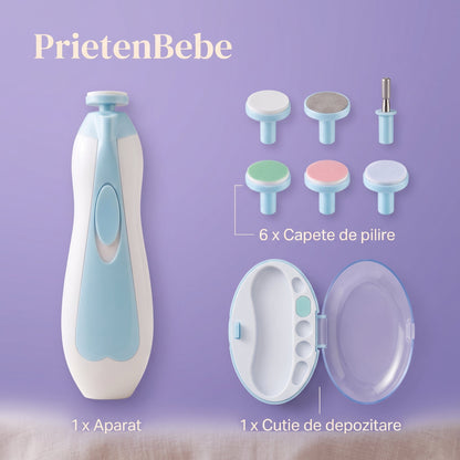 Pachetul conține aparatul, 6 capete de pilire și cutia de depozitare