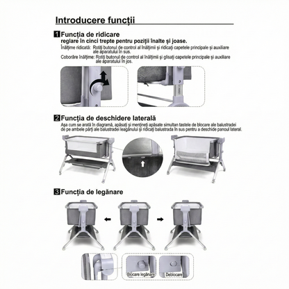 PrietenBebe - Patut Co-Sleeper Reglabil cu Functie de Leagan Electric și Carusel Muzical 3-în-1