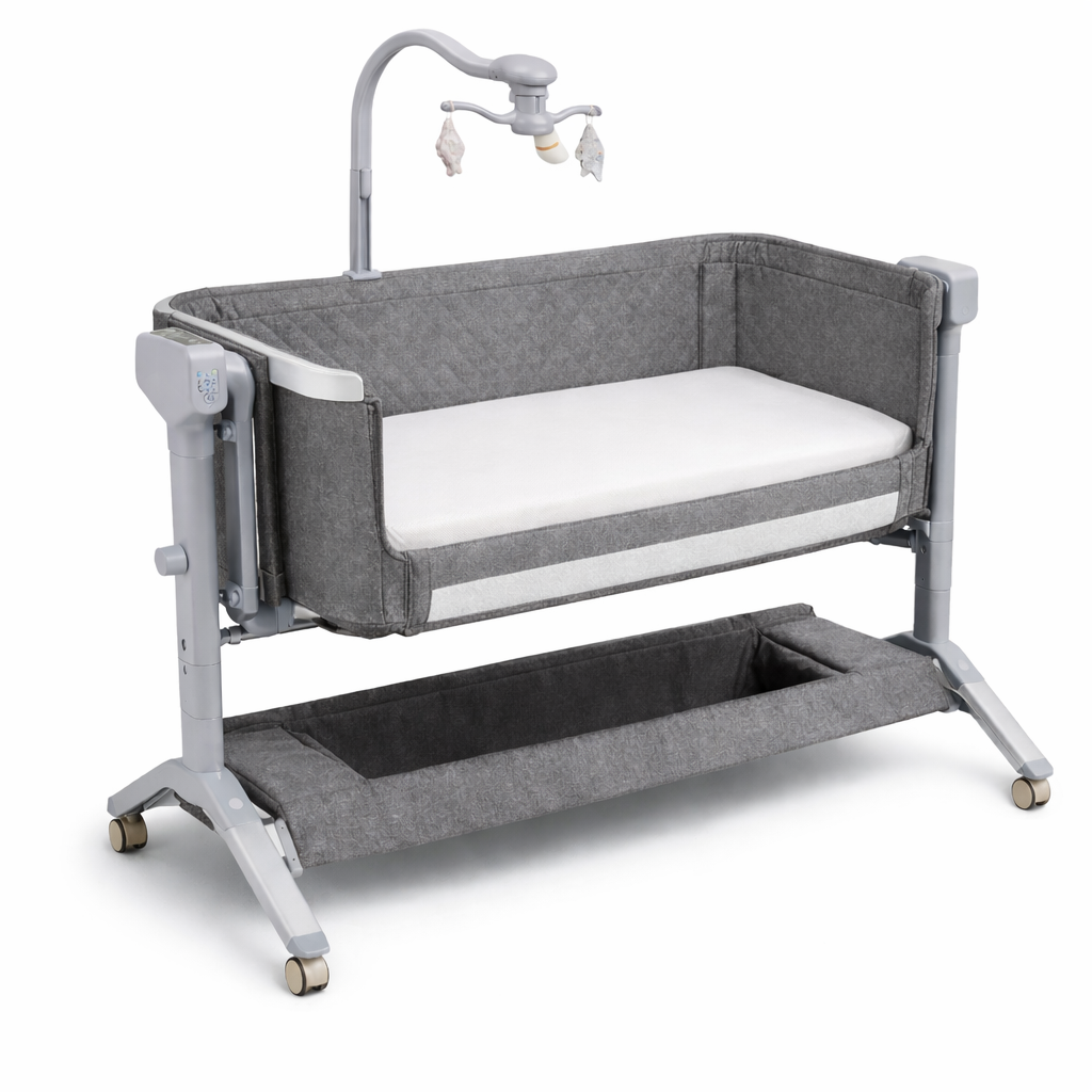 PrietenBebe - Patut Co-Sleeper Reglabil cu Functie de Leagan Electric și Carusel Muzical 3-în-1