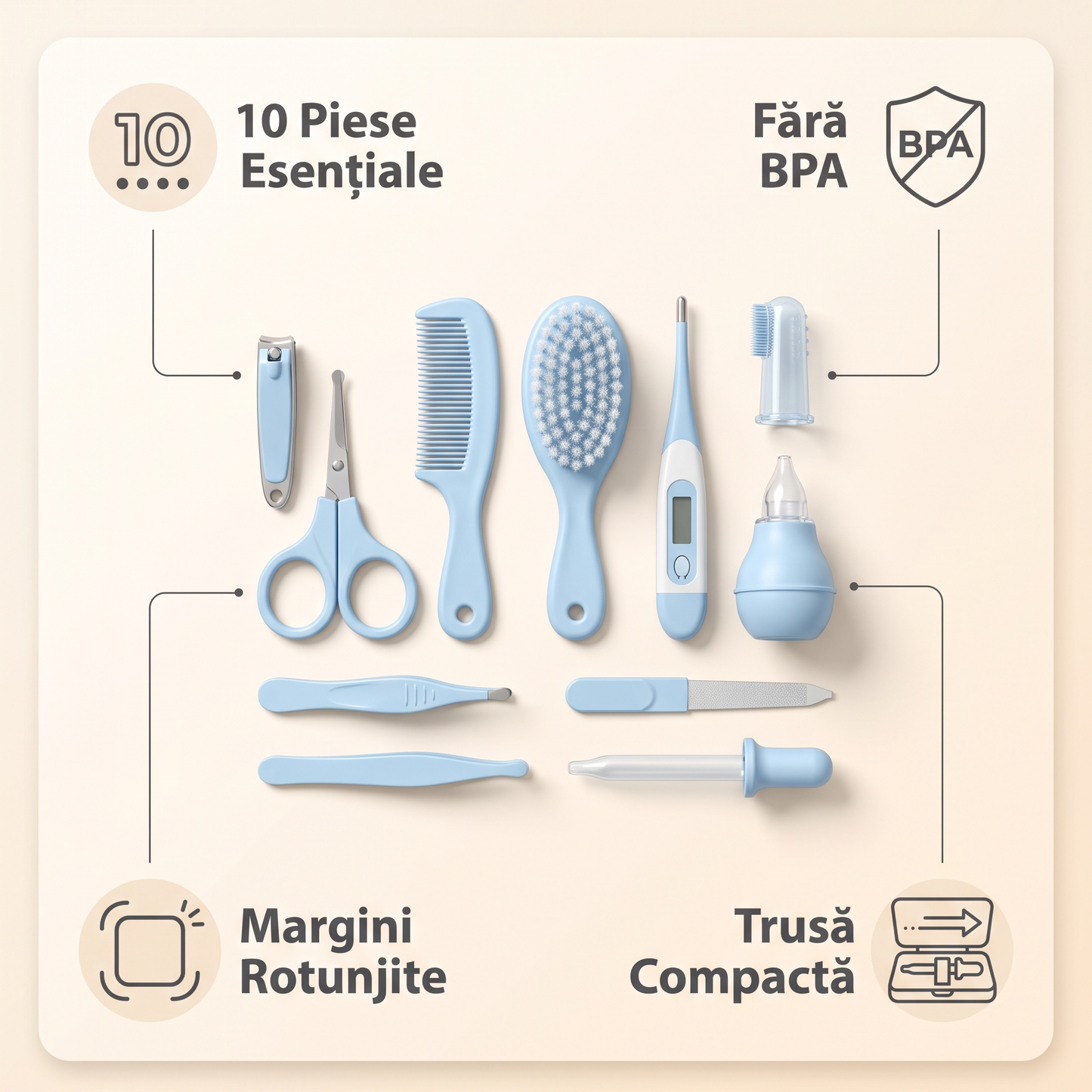 Set Îngrijire Bebeluș 10 Piese – Unghieră, Termometru, Aspirator Nazal | Trusă Completă Nou-Născuți