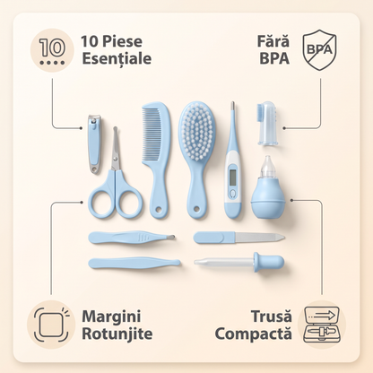 Set Îngrijire Bebeluș 10 Piese – Unghieră, Termometru, Aspirator Nazal | Trusă Completă Nou-Născuți