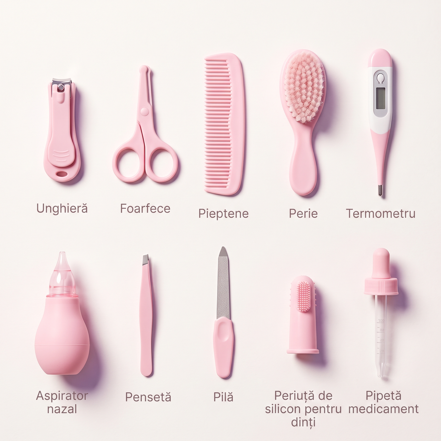 Set Îngrijire Bebeluș 10 Piese – Unghieră, Termometru, Aspirator Nazal | Trusă Completă Nou-Născuți
