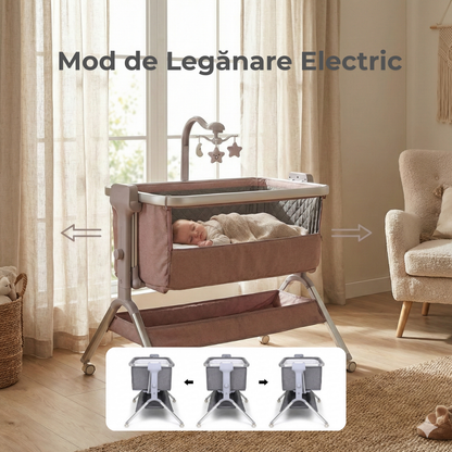 PrietenBebe - Patut Co-Sleeper Reglabil cu Functie de Leagan Electric și Carusel Muzical 3-în-1