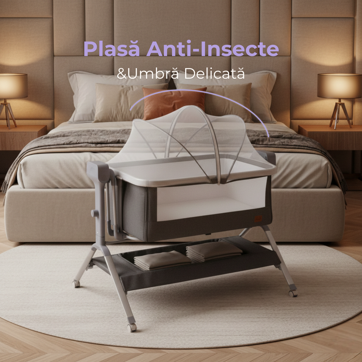 PrietenBebe - Patut Co-Sleeper Reglabil cu Functie de Leagan Electric și Carusel Muzical 3-în-1